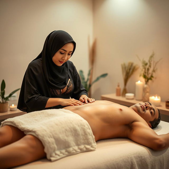 A hijab-wearing woman in alluring lingerie, professionally giving a relaxing massage to a man