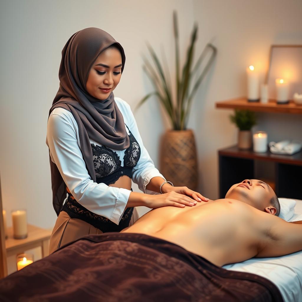 A hijab-wearing woman in alluring lingerie, professionally giving a relaxing massage to a man