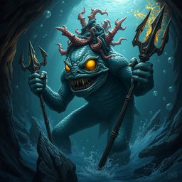 A terrifying fish-like monstrous humanoid species, resembling a barroon, emerges from the depths of an underwater cave