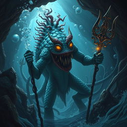 A terrifying fish-like monstrous humanoid species, resembling a barroon, emerges from the depths of an underwater cave
