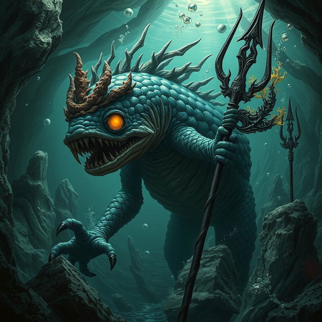 A terrifying fish-like monstrous humanoid species, resembling a barroon, emerges from the depths of an underwater cave