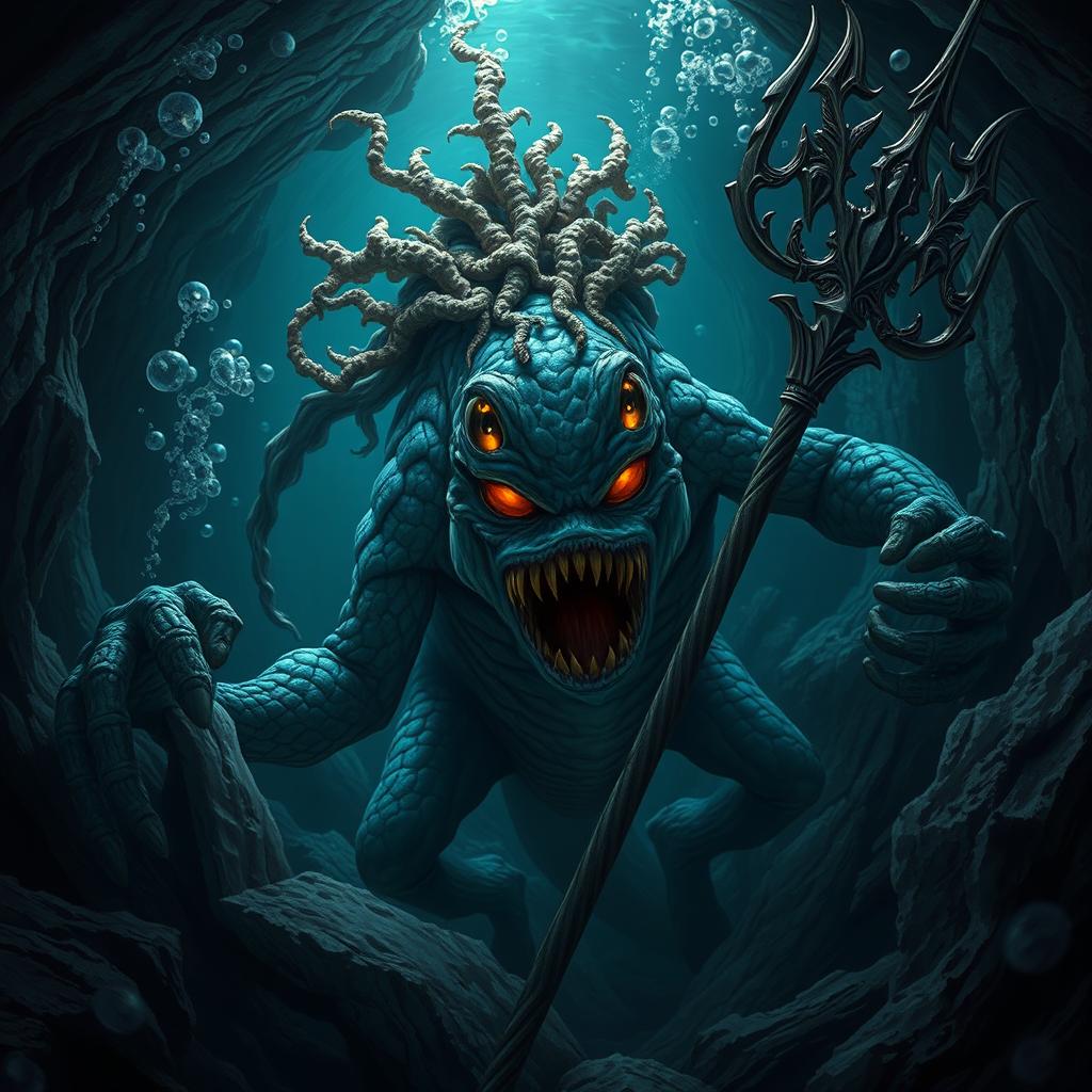 A terrifying fish-like monstrous humanoid species, resembling a barroon, emerges from the depths of an underwater cave