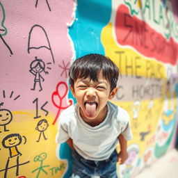A whimsical scene featuring a playful child making a funny face against a colorful wall filled with children's drawings and graffiti