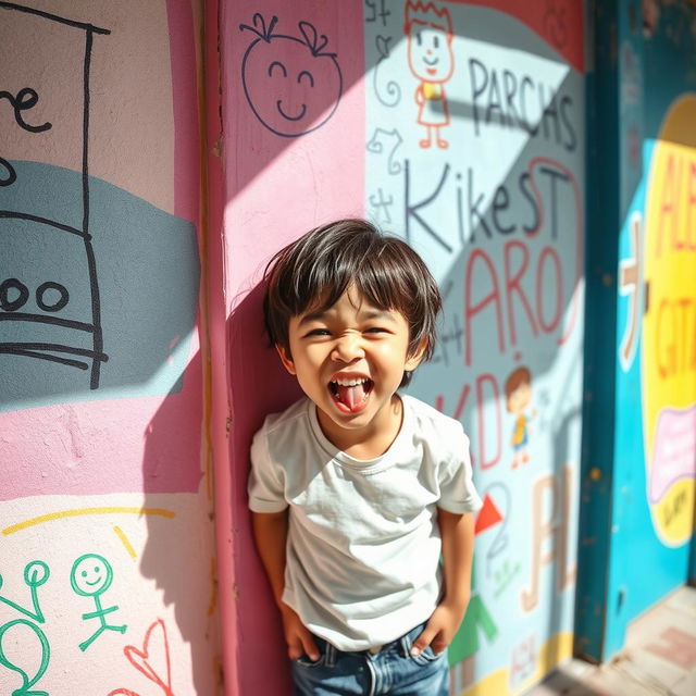 A whimsical scene featuring a playful child making a funny face against a colorful wall filled with children's drawings and graffiti