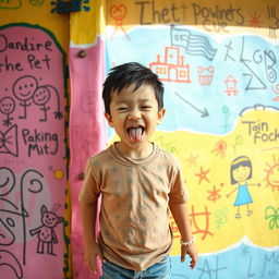 A whimsical scene featuring a playful child making a funny face against a colorful wall filled with children's drawings and graffiti