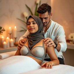 A hijab-wearing woman in a stylish bra, receiving a soothing massage from an attractive man