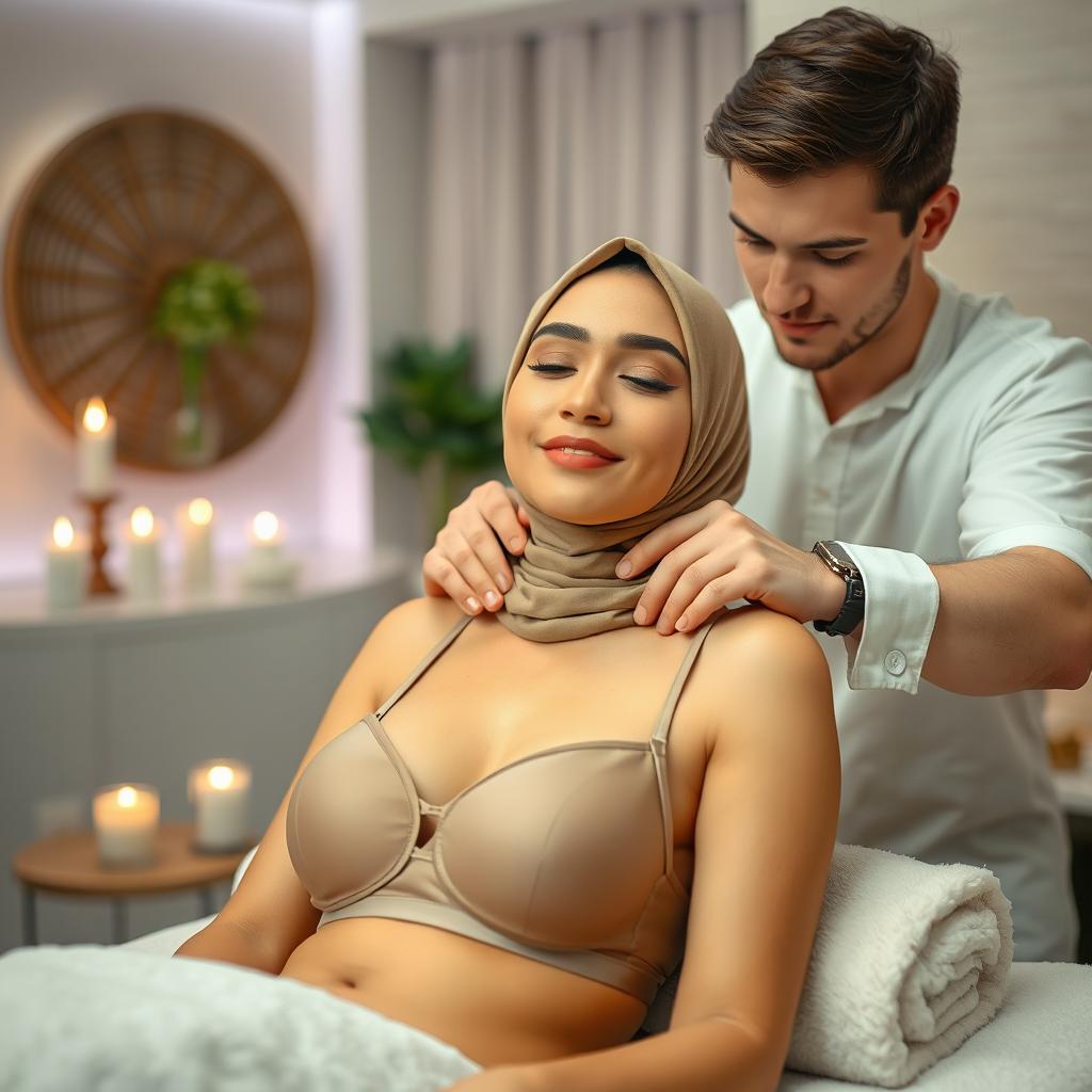 A hijab-wearing woman in a stylish bra, receiving a soothing massage from an attractive man