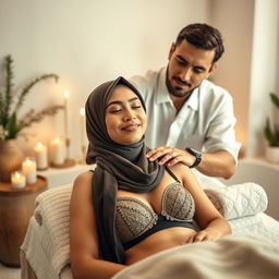 A hijab-wearing woman in a stylish bra, receiving a soothing massage from an attractive man