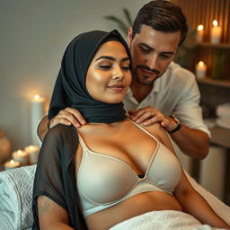 A hijab-wearing woman in a stylish bra, receiving a soothing massage from an attractive man