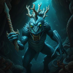 A menacing fish-like monstrous humanoid species, akin to a barroon, emerges from the shadowy depths of an underwater cave
