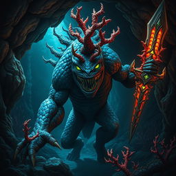 A menacing fish-like monstrous humanoid species, akin to a barroon, emerges from the shadowy depths of an underwater cave