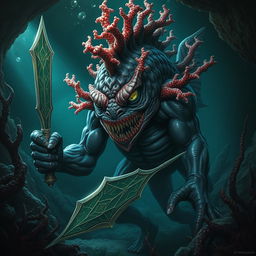 A menacing fish-like monstrous humanoid species, akin to a barroon, emerges from the shadowy depths of an underwater cave