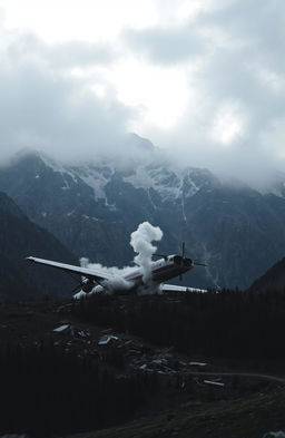 A dramatic scene depicting a plane crash in a mountainous region
