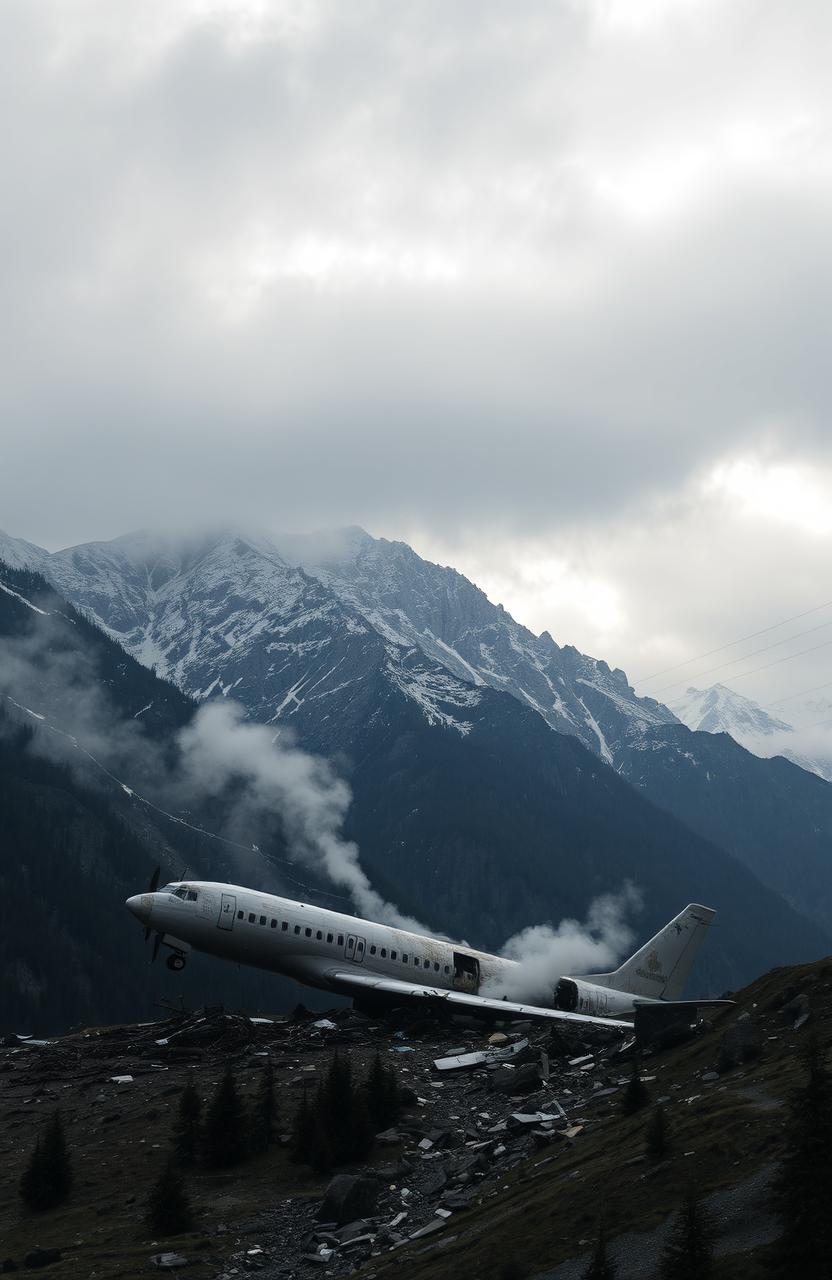 A dramatic scene depicting a plane crash in a mountainous region