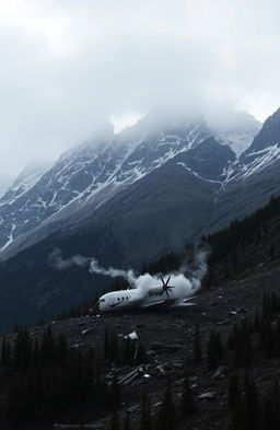 A dramatic scene depicting a plane crash in a mountainous region