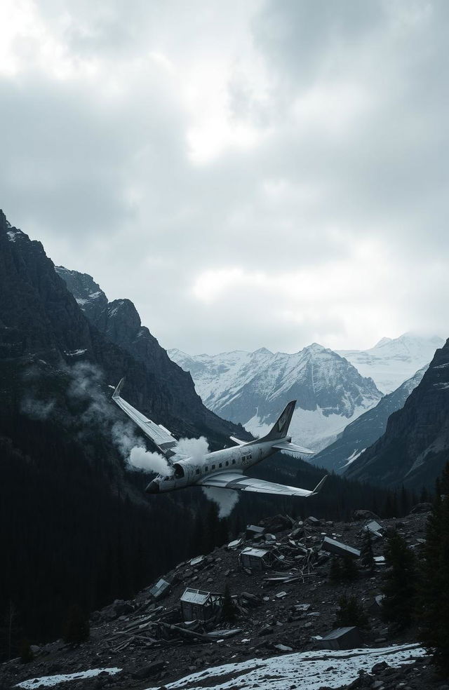 A dramatic scene depicting a plane crash in a mountainous region