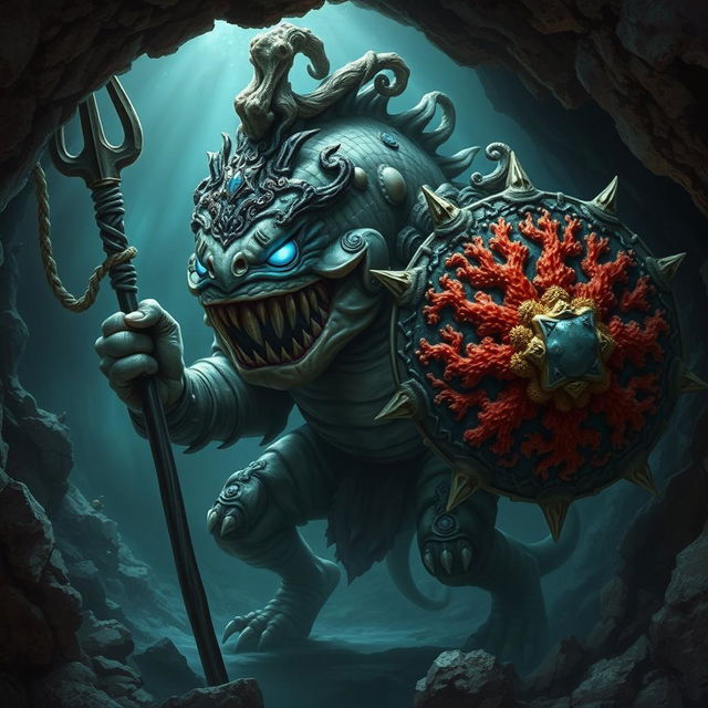 An intimidating fish-like monstrous humanoid species, akin to a barroon, lurking in the depths of an underwater cave