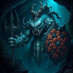 An intimidating fish-like monstrous humanoid species, akin to a barroon, lurking in the depths of an underwater cave