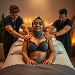 A hijab-wearing woman in a stylish bra receiving a massage from two attractive men
