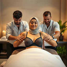 A hijab-wearing woman in a stylish bra receiving a massage from two attractive men