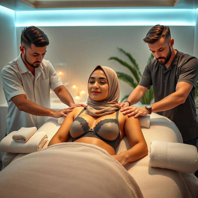 A hijab-wearing woman in a stylish bra receiving a massage from two attractive men