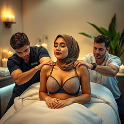 A hijab-wearing woman in a stylish bra receiving a massage from two attractive men