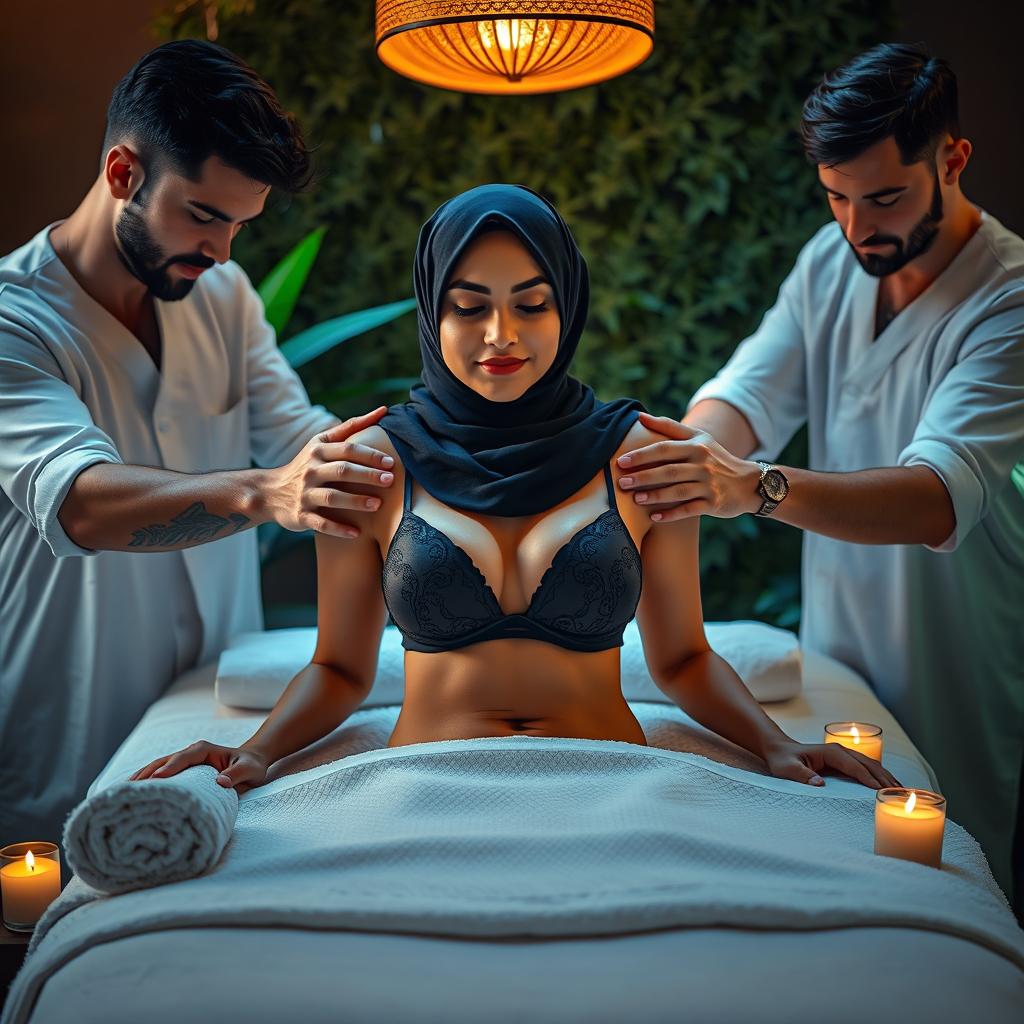 A seductively dressed hijab-wearing woman in a stylish bra, receiving a simultaneous massage from two attractive men