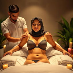 A seductively dressed hijab-wearing woman in a stylish bra, receiving a simultaneous massage from two attractive men