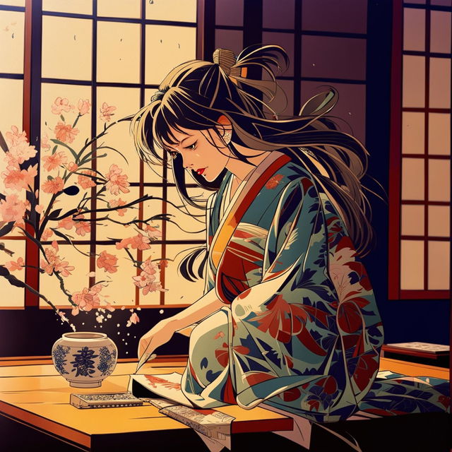 Anime art of a beautiful waifu in a traditional Japanese kimono, bent over dusting an antique table in a room filled with traditional Japanese furniture and decorations.