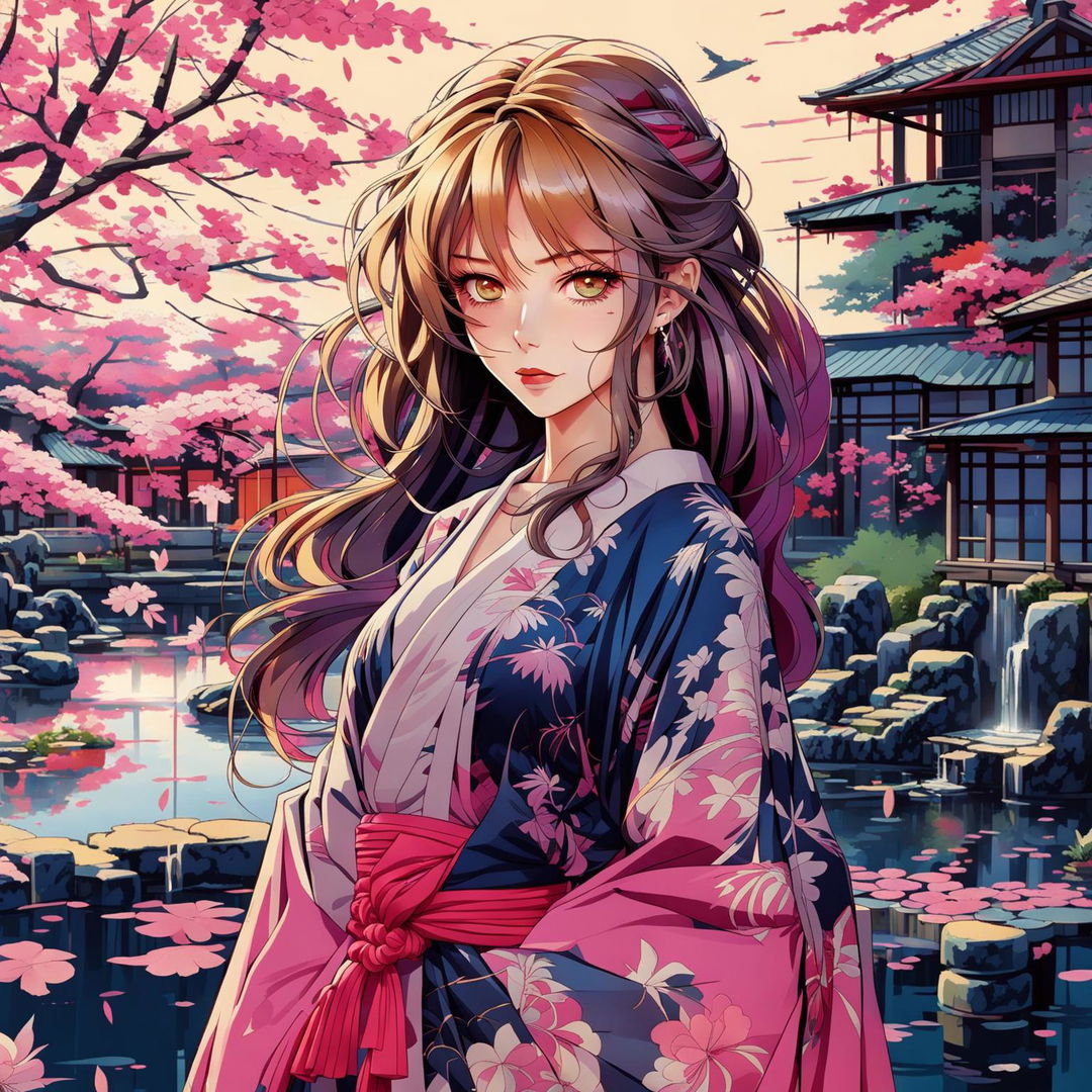 A 3D anime waifu with sky-blue eyes and vibrant hair stands in a serene Japanese garden at sunset. She's dressed in a traditional kimono adorned with cherry blossom patterns.