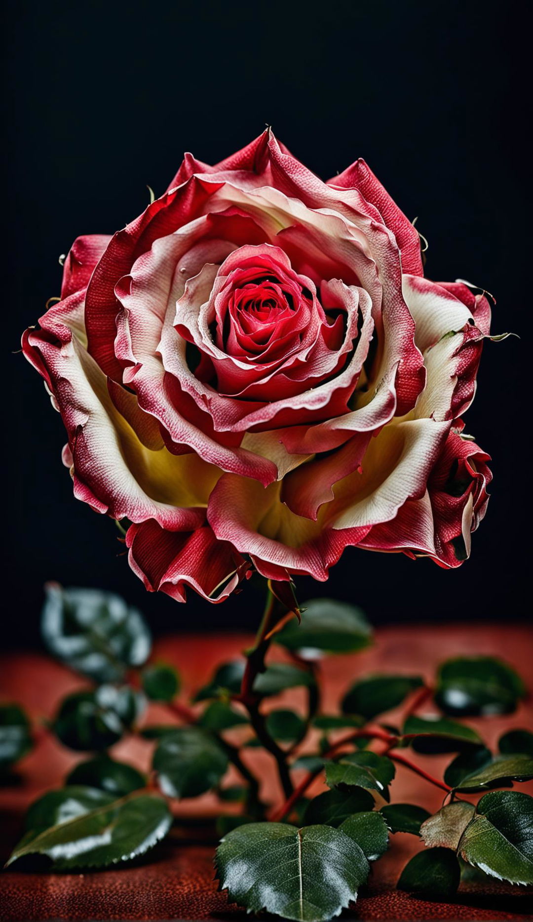 High-definition nature photograph of a single Double Delight rose on a tabletop with perfect lighting composition and an editorial magazine vibe.