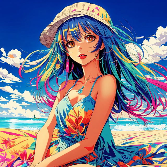 A 3D anime waifu with sky-blue eyes and vibrant hair sunbathing on a pristine beach. She's dressed in a light sundress and a straw sunhat.