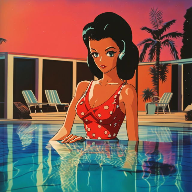 Vintage anime style image of a beautiful woman sitting by a mid-century modern swimming pool at sunset.