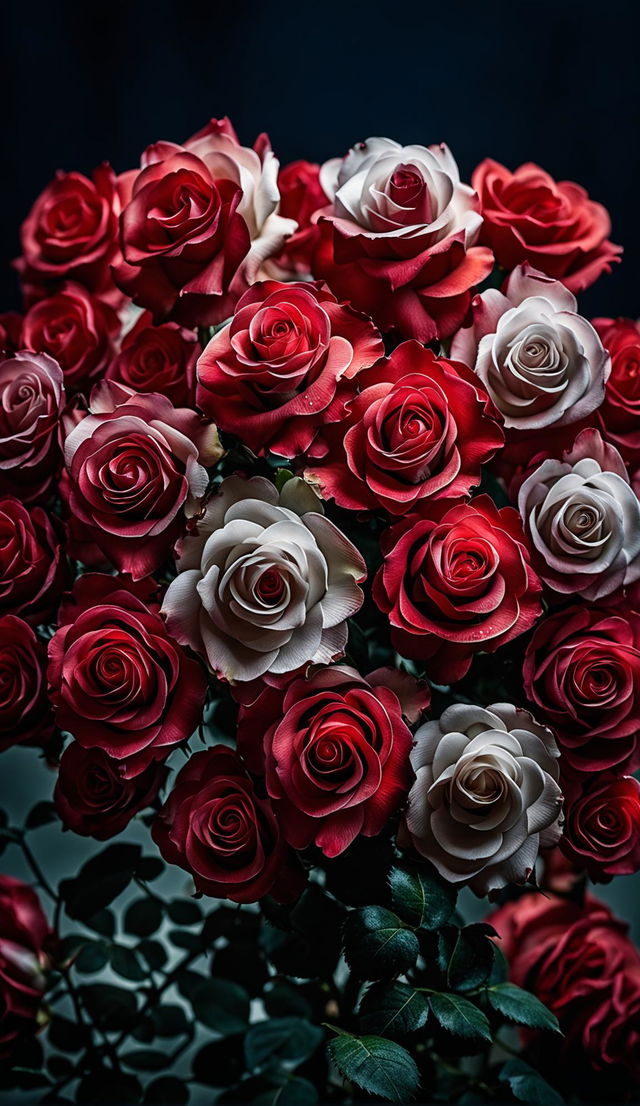 High-definition nature photograph of a long-stemmed Double Delight rose arrangement with perfect lighting composition and an editorial magazine vibe.