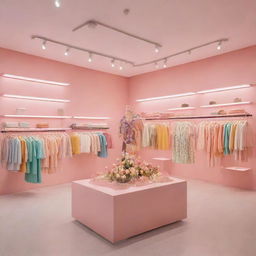 A vibrant spring-summer clothing store display incorporating innovative design elements and brightly illuminated with aesthetic lights.