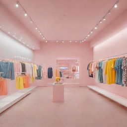 A vibrant spring-summer clothing store display incorporating innovative design elements and brightly illuminated with aesthetic lights.