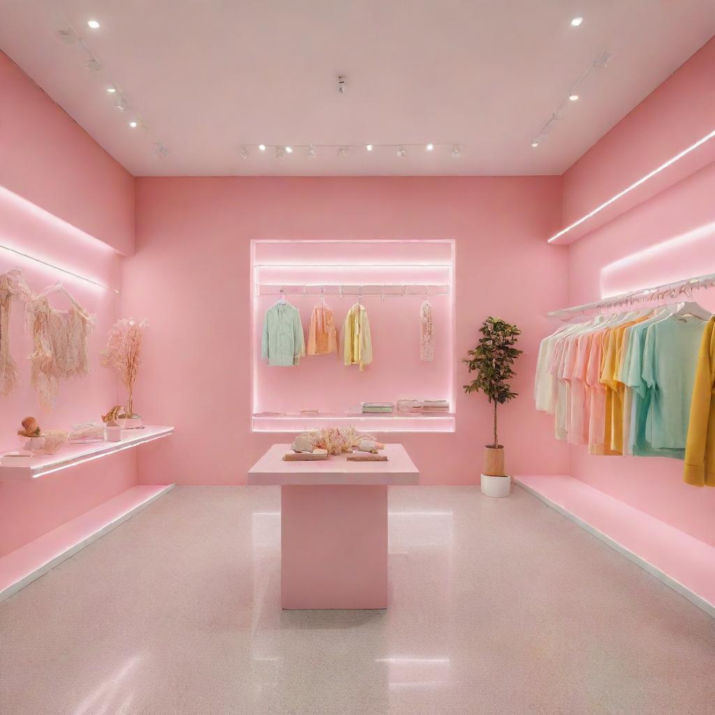 A vibrant spring-summer clothing store display incorporating innovative design elements and brightly illuminated with aesthetic lights.