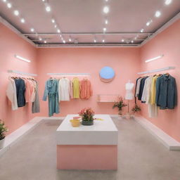 A vibrant spring-summer clothing store display incorporating innovative design elements and brightly illuminated with aesthetic lights.