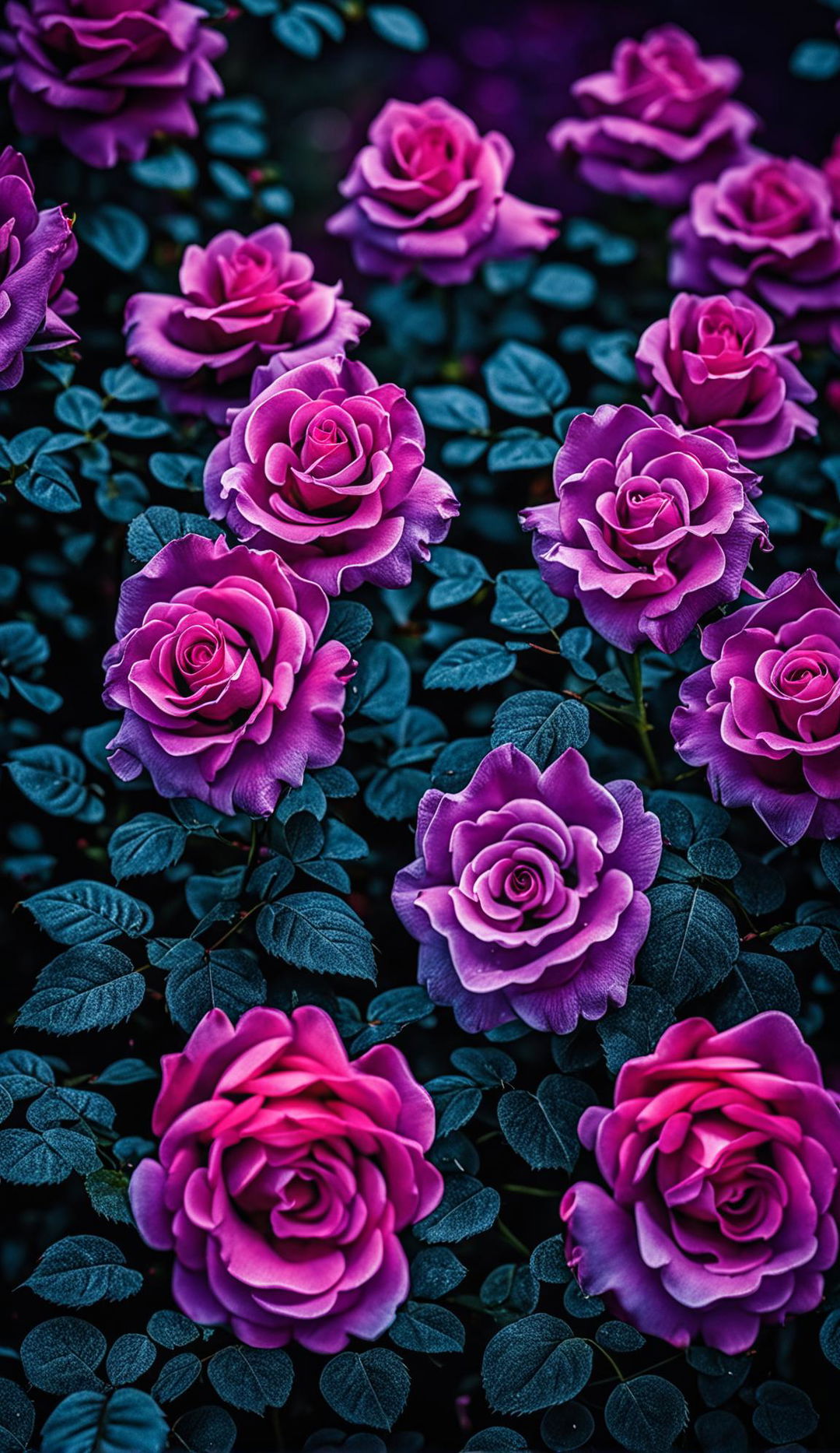 High-definition nature photograph of a vibrant purple rose garden, taken with an ultra-intense camera shot and perfect lighting composition, exuding editorial magazine vibes.