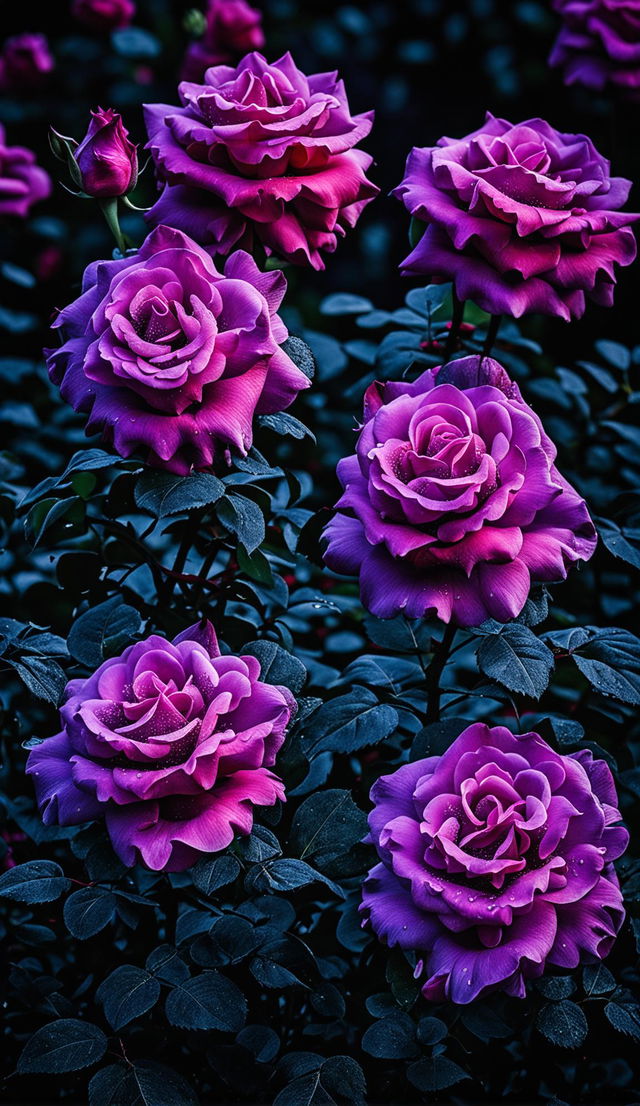 High-definition nature photograph of an intensely purple rose garden, taken with an ultra-intense camera shot and perfect lighting composition, exuding editorial magazine vibes.