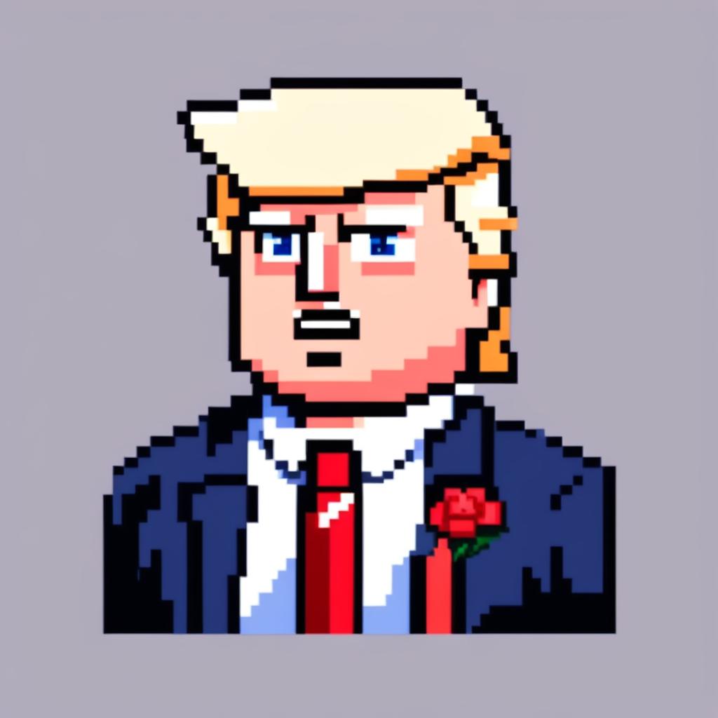 Pixel art profile picture of Donald Trump with his iconic hairstyle, blue eyes, tanned face, navy-blue suit, white shirt, and red tie against a black background.