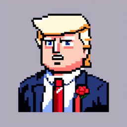 Pixel art profile picture of Donald Trump with his iconic hairstyle, blue eyes, tanned face, navy-blue suit, white shirt, and red tie against a black background.