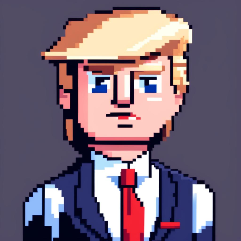 Pixel art profile picture of Donald Trump with his iconic hairstyle, blue eyes, tanned face, navy-blue suit, white shirt, and red tie against a black background.