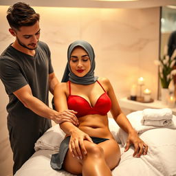 A woman wearing a hijab and a stylish red bra, being pampered by two attractive men in an upscale spa setting