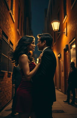 A romantic thriller set in a dimly lit, atmospheric cityscape at night