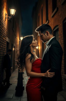 A romantic thriller set in a dimly lit, atmospheric cityscape at night