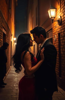 A romantic thriller set in a dimly lit, atmospheric cityscape at night