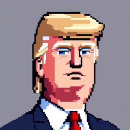 Pixel art profile picture of Donald Trump with his iconic hairstyle, blue eyes, tanned face, navy-blue suit, white shirt, and red tie against a black background.