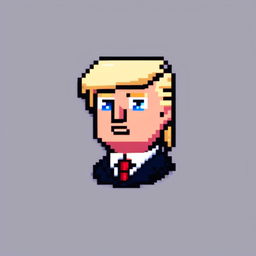 Pixel art profile picture of Donald Trump with his iconic hairstyle, blue eyes, tanned face, navy-blue suit, white shirt, and red tie against a black background.