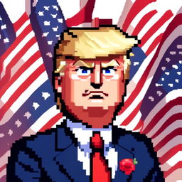 Pixel art profile picture of Donald Trump with his iconic hairstyle, blue eyes, tanned face, navy-blue suit, white shirt, and red tie against an American flag background.